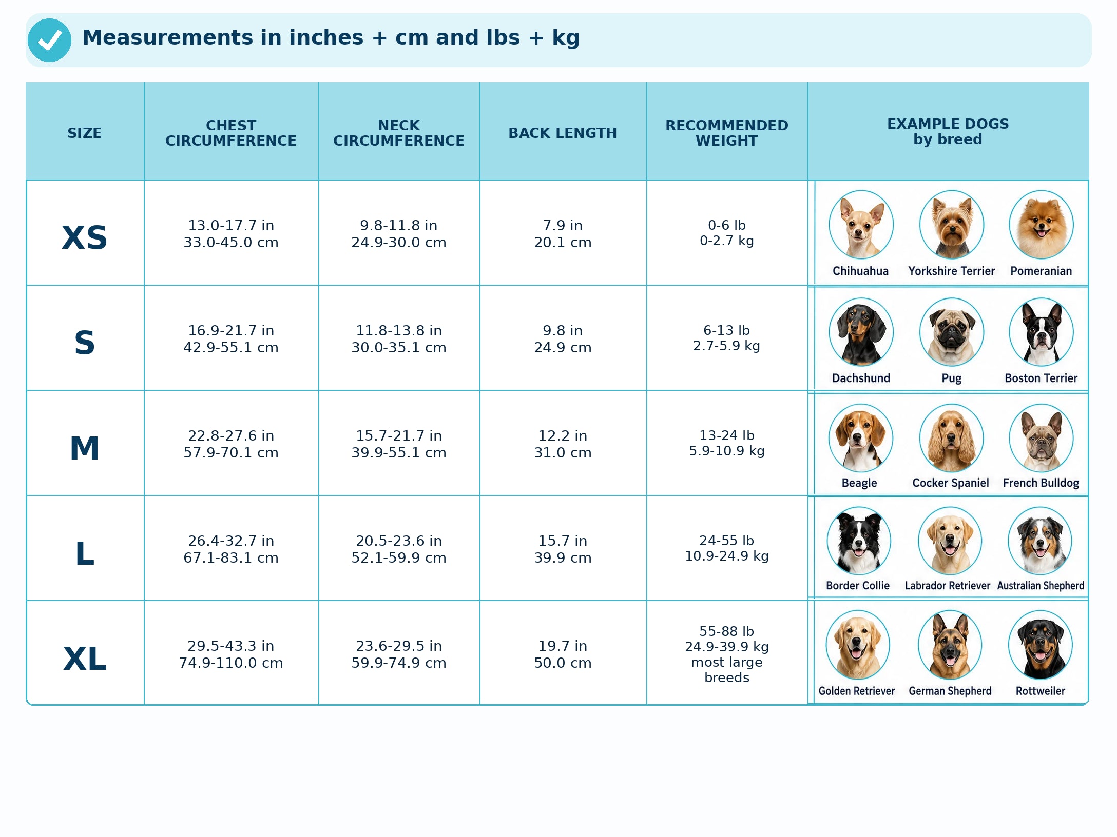 Rhykin Life Jacket size chart with inches, centimeters, pounds, kilograms, and breed examples